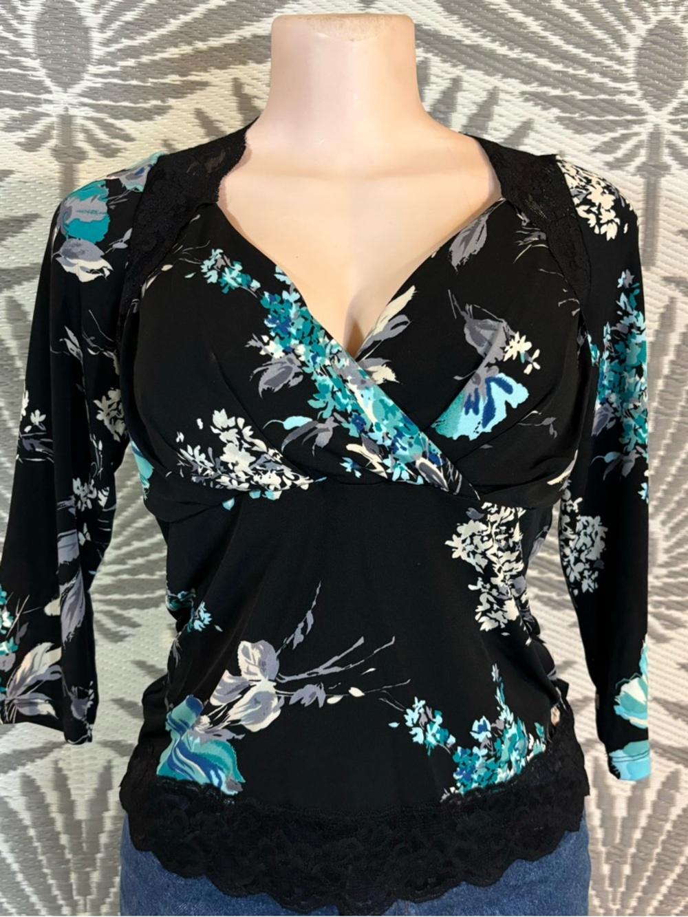 Vtg Y2K Babydoll Dark Floral Top Lace Womens Sz S Blk Lace Trim 90s Whimsigoth